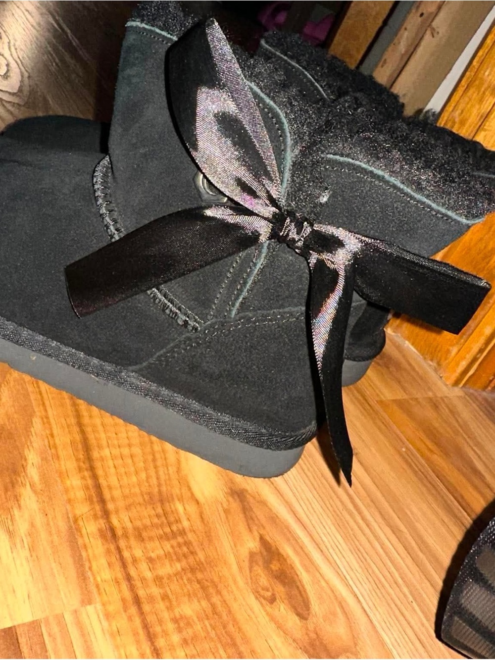 PAWZ Black Suede Bow-Back Ankle Booties